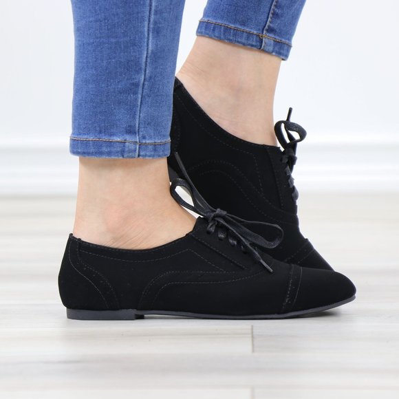Black Faux Nubuck Lace up Flat Heel Oxford Style Shoes - Picture 3 of 12